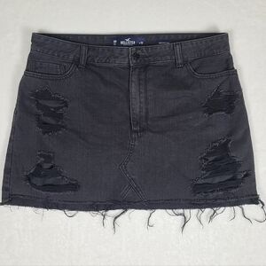 Hollister High Rise Denim Jean Mini Skirt Black Size Juniors 15 Distressed